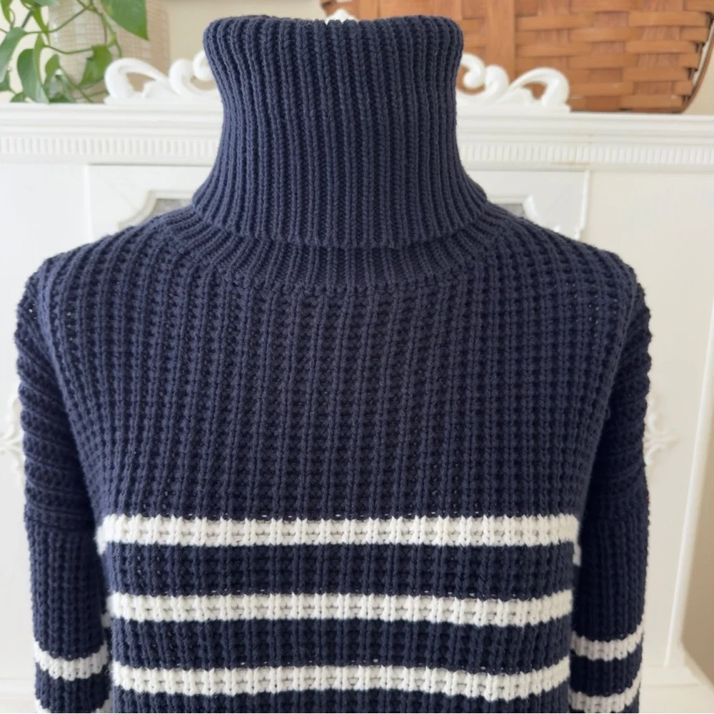 Faithfull The Brand Erika Navy and White Striped Cotton Turtleneck Sweater